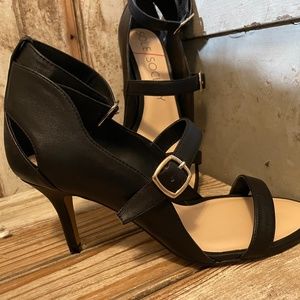 black leather sandal heels